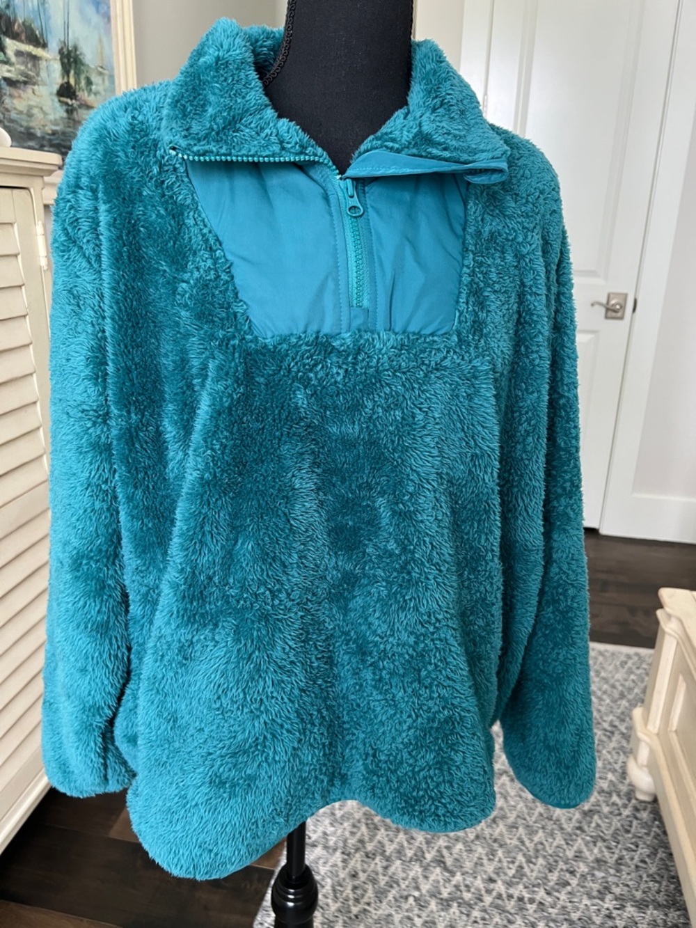 Lands' End Green Plush Quarter-Zip Turtleneck Pullover